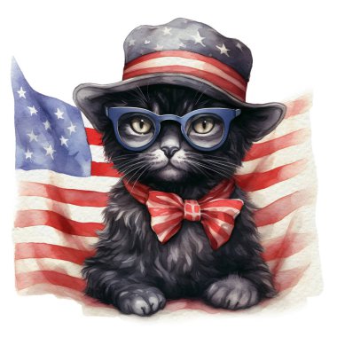 Suluboya 4 Temmuz Vatansever Kara Kedi Çizimi Clipart