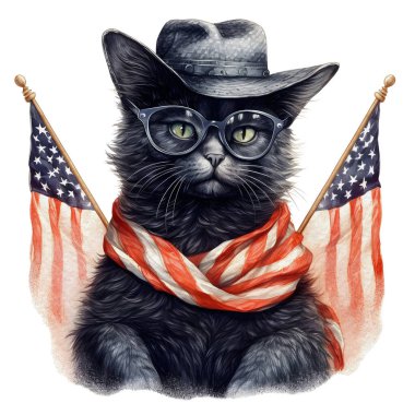 Suluboya 4 Temmuz Vatansever Kara Kedi Çizimi Clipart