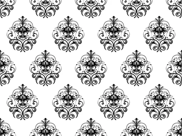 Damask Digital Paper Seamless Floral Pattern Black Flowers White Background — Stock Vector
