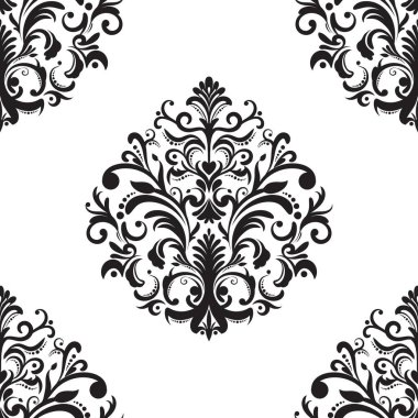Damask çiçekli fayans deseni. Lüks duvar kâğıdı dekoru. Barok Tekstil, kumaş, fayans. Şeffaf arkaplanda izole edilmiş.