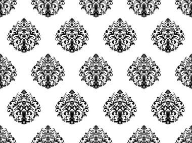 Damask dijital kâğıdı dikişsiz çiçek deseni. Beyaz arka planda siyah çiçekler. Lüks Kraliyet Duvar Kağıdı.