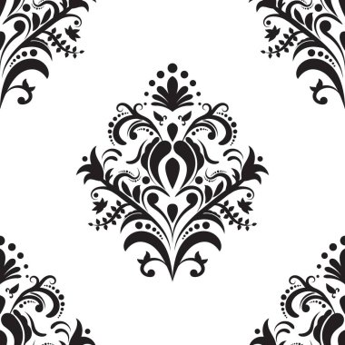 Damask çiçekli fayans deseni. Lüks duvar kâğıdı dekoru. Barok Tekstil, kumaş, fayans. Şeffaf arkaplanda izole edilmiş.