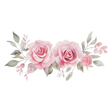 Suluboya Romantik Pembe Gül Çiçekleri Düzenleme. İzole Düğün Clipart İllüstrasyonu Davetiye Kartı, Logo, Tebrik Kartı, Afişler ve daha fazlası.