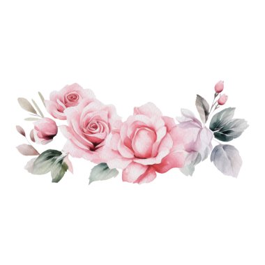 Suluboya Romantik Pembe Gül Çiçekleri Düzenleme. İzole Düğün Clipart İllüstrasyonu Davetiye Kartı, Logo, Tebrik Kartı, Afişler ve daha fazlası.