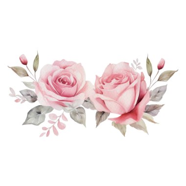 Suluboya Romantik Pembe Gül Çiçekleri Düzenleme. İzole Düğün Clipart İllüstrasyonu Davetiye Kartı, Logo, Tebrik Kartı, Afişler ve daha fazlası.