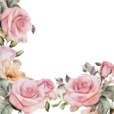 Suluboya Romantik Pembe Gül Çerçevesi. İzole Düğün Clipart İllüstrasyonu Davetiye Kartı, Logo, Tebrik Kartı, Afişler ve daha fazlası.