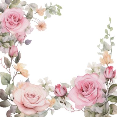 Suluboya Romantik Pembe Gül Çerçevesi. İzole Düğün Clipart İllüstrasyonu Davetiye Kartı, Logo, Tebrik Kartı, Afişler ve daha fazlası.