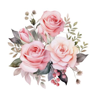 Suluboya Romantik Pembe Gül Çiçekleri Düzenleme. İzole Düğün Clipart İllüstrasyonu Davetiye Kartı, Logo, Tebrik Kartı, Afişler ve daha fazlası.