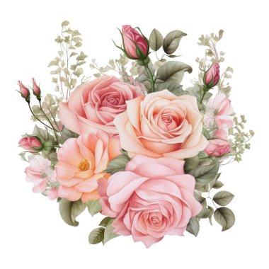 Suluboya Romantik Pembe Gül Çiçekleri Düzenleme. İzole Düğün Clipart İllüstrasyonu Davetiye Kartı, Logo, Tebrik Kartı, Afişler ve daha fazlası.