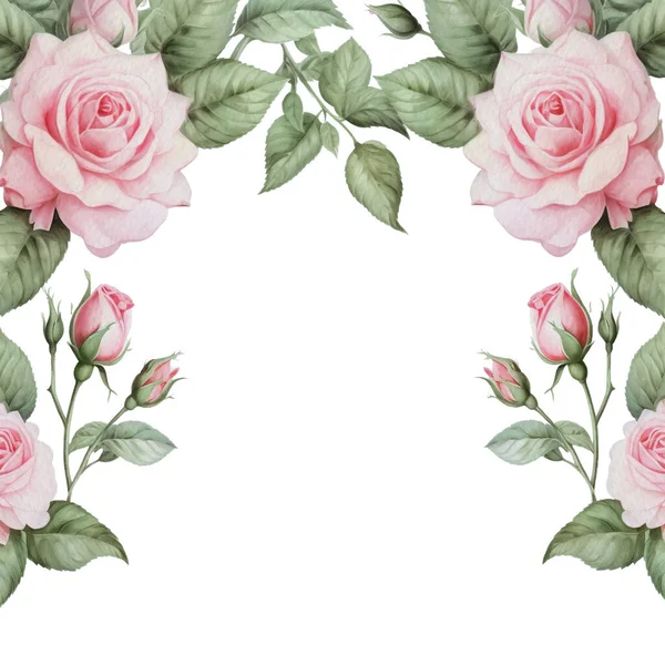 Acuarela Romántica Rosa Rosa Flores Marco Ilustración Aislada Del Clip — Vector de stock