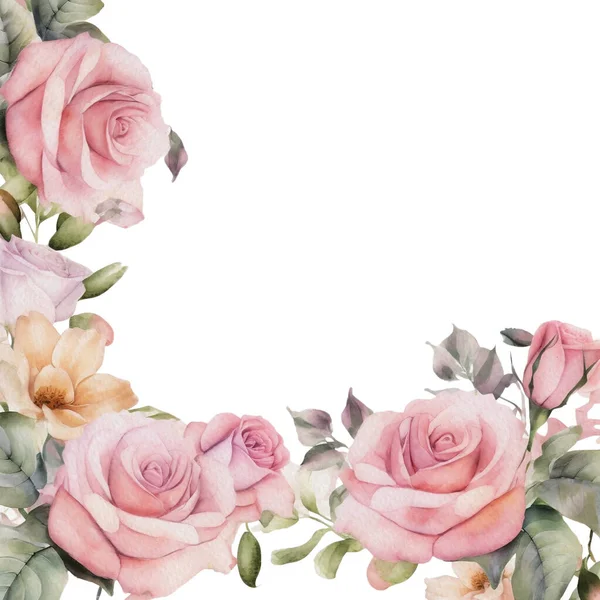 Acuarela Romántica Rosa Rosa Flores Marco Ilustración Aislada Del Clip — Vector de stock