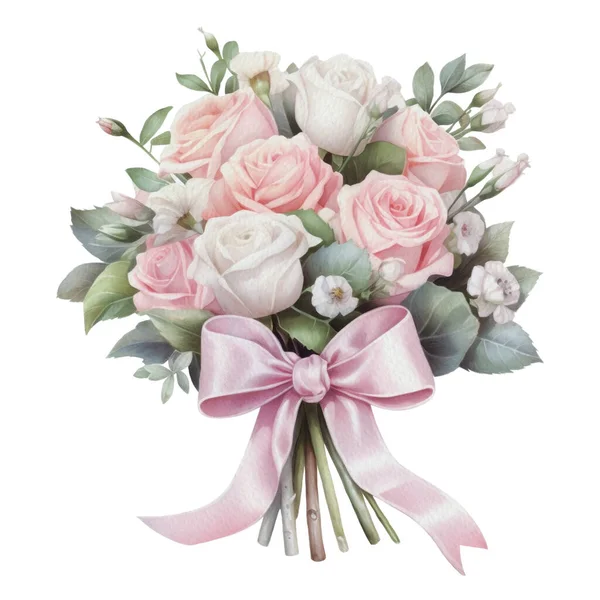 Akwarela Romantyczny Różowy Róża Kwiaty Układ Izolowany Ślub Clipart Ilustracja — Wektor stockowy