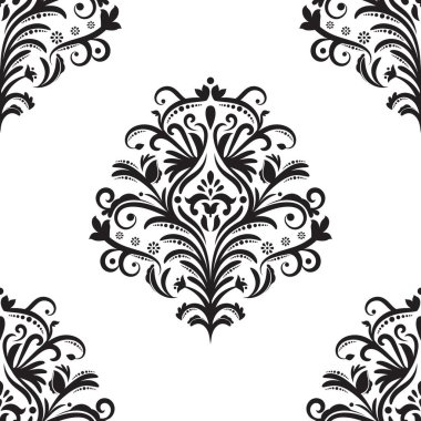 Damask çiçekli fayans deseni. Lüks duvar kâğıdı dekoru. Barok Tekstil, kumaş, fayans. Şeffaf arkaplanda izole edilmiş.