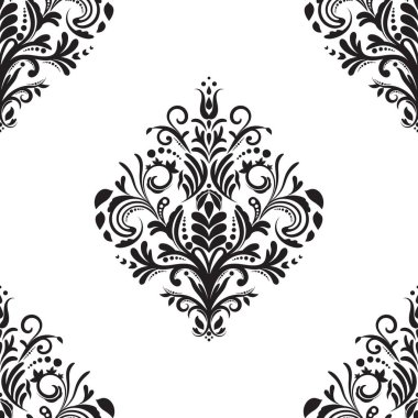 Damask çiçekli fayans deseni. Lüks duvar kâğıdı dekoru. Barok Tekstil, kumaş, fayans. Şeffaf arkaplanda izole edilmiş.