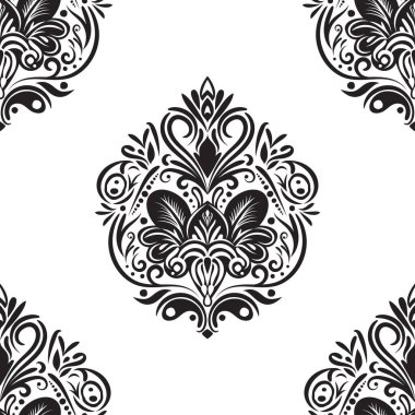 Damask çiçekli fayans deseni. Lüks duvar kâğıdı dekoru. Barok Tekstil, kumaş, fayans. Şeffaf arkaplanda izole edilmiş.