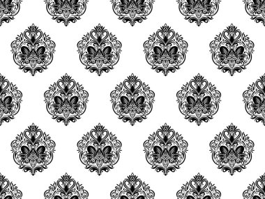 Damask dijital kâğıdı dikişsiz çiçek deseni. Beyaz arka planda siyah çiçekler. Lüks Kraliyet Duvar Kağıdı.