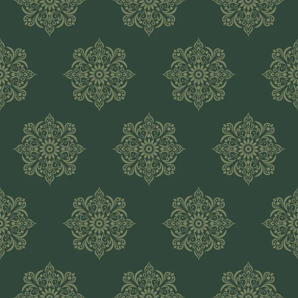 Damask Moroccan floral motif pattern on nature dark green earth background. Luxury wallpaper texture ornament decor.
