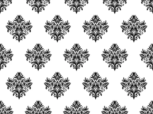 达摩数码纸无缝花纹 白色背景上的黑色花朵 豪华皇家壁纸 — 图库矢量图片