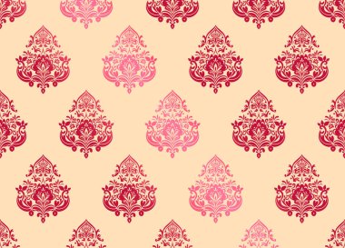 Hafif krem arka planında Damask çiçekli kırmızı motif grafikleri. Lüks duvar kâğıdı dekoru. Barok Tekstil, Kumaş, Döşeme.