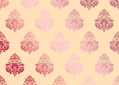 Hafif krem arka planında Damask çiçekli kırmızı motif grafikleri. Lüks duvar kâğıdı dekoru. Barok Tekstil, Kumaş, Döşeme.