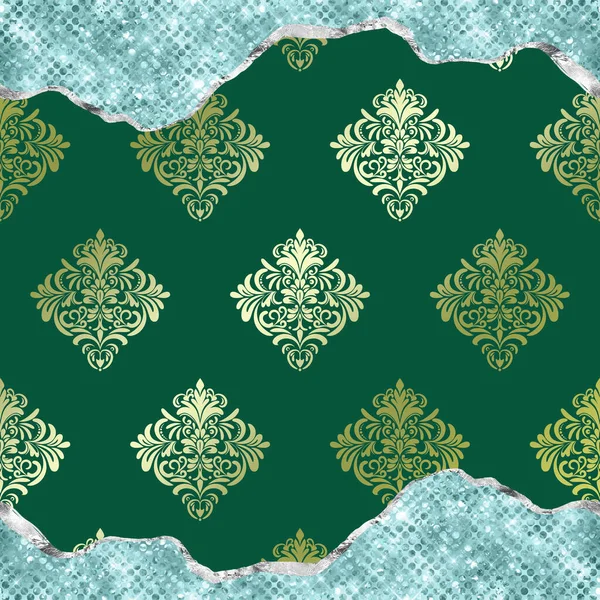 Damask Floral Motif Pattern Green Background Marble Glitter Border Luxury — Stock Photo, Image