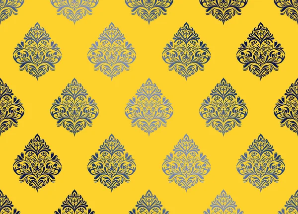 Damastflorales Dunkelblaues Motivverlaufsmuster Auf Neongelbem Hintergrund Luxus Tapete Textur Ornament — Stockfoto