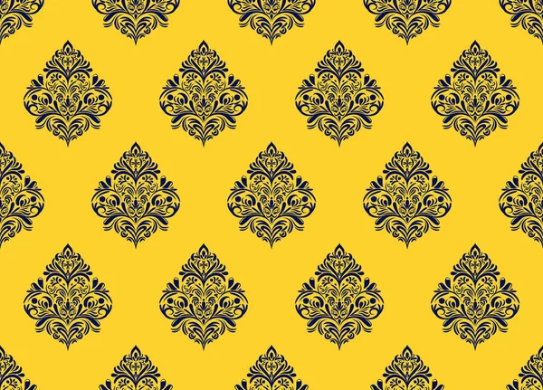 Damask Květinový Tmavě Modrý Vzor Motivu Neonově Žlutém Pozadí Luxusní — Stock fotografie