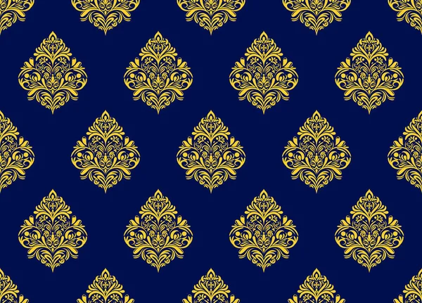 Damastflorales Gelbes Motivmuster Auf Dunkelblauem Hintergrund Luxus Tapete Textur Ornament — Stockfoto