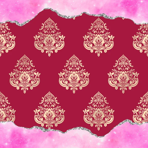 Damask floral motif pattern on a red background with pink marble glitter border. Luxury wallpaper texture ornament decor. Baroque Textile, fabric, tiles.