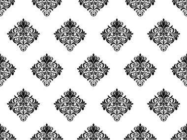 Damask dijital kâğıdı dikişsiz çiçek deseni. Beyaz arka planda siyah çiçekler. Lüks Kraliyet Duvar Kağıdı.