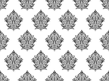 Damask dijital kâğıdı dikişsiz çiçek deseni. Beyaz arka planda siyah çiçekler. Lüks Kraliyet Duvar Kağıdı.