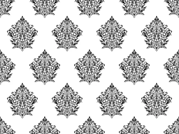 达摩数码纸无缝花纹 白色背景上的黑色花朵 豪华皇家壁纸 — 图库矢量图片