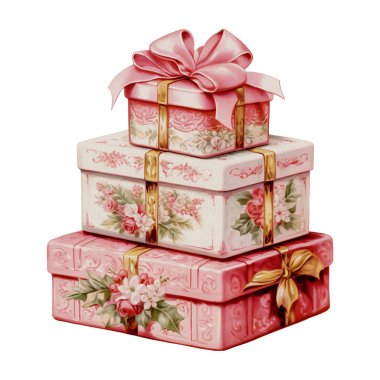 Romantik Vintage Pembe Hediye Kutuları Noel Suluboya Clipart Çizimleri. Noel günü için tasarım unsuru, dekorasyon, planlayıcı çıkartması, süblimleşme ve daha fazlası.