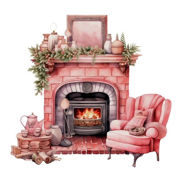 Romantic Cozy Fireplace Pink Christmas Watercolor Illustration Watercolor Clipart Design — Stock Vector