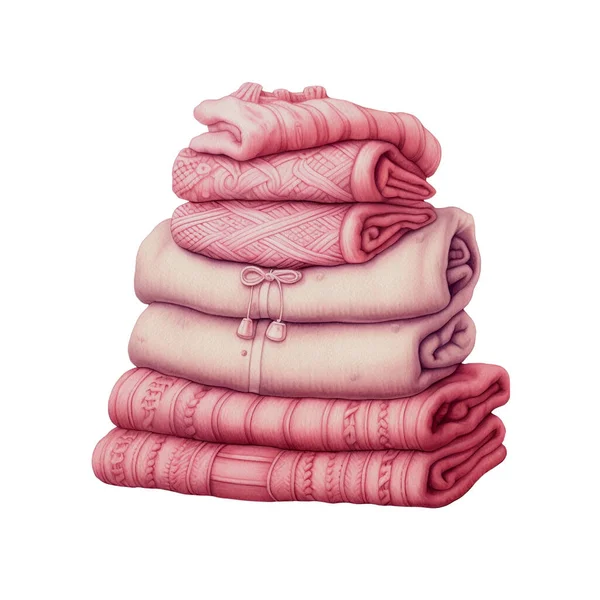 Романтическая Стопка Розовой Сложенной Шерстяной Трикотажной Одежды Christmas Watercolor Clipart — стоковый вектор