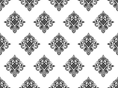 Damask dijital kâğıdı dikişsiz çiçek deseni. Beyaz arka planda siyah çiçekler. Lüks Kraliyet Duvar Kağıdı.