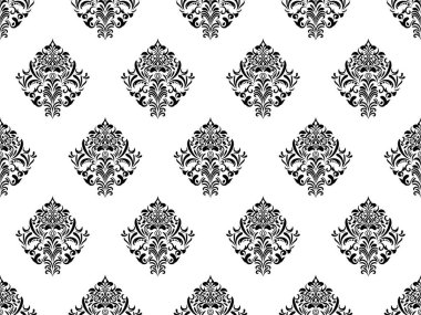 Damask dijital kâğıdı dikişsiz çiçek deseni. Beyaz arka planda siyah çiçekler. Lüks Kraliyet Duvar Kağıdı.
