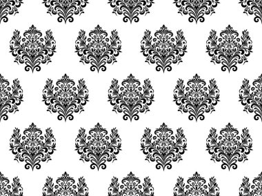 Damask dijital kâğıdı dikişsiz çiçek deseni. Beyaz arka planda siyah çiçekler. Lüks Kraliyet Duvar Kağıdı.
