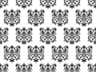 Damask dijital kâğıdı dikişsiz çiçek deseni. Beyaz arka planda siyah çiçekler. Lüks Kraliyet Duvar Kağıdı.