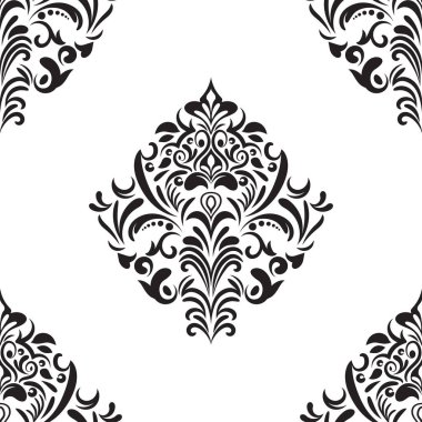 Damask çiçekli fayans deseni. Lüks duvar kâğıdı dekoru. Barok Tekstil, kumaş, fayans. Şeffaf arkaplanda izole edilmiş.
