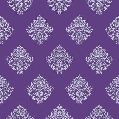 Mor arkaplandaki Damask açık gri motif deseni. Lüks duvar kâğıdı dekoru. Barok Tekstil, Kumaş, Döşeme.