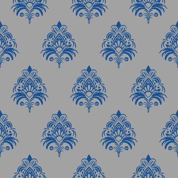 Damask floral blue motif pattern on a grey background. Luxury wallpaper texture ornament decor. Baroque Textile, fabric, tiles.
