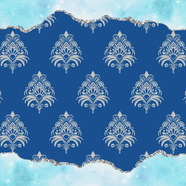 Damask Květinově Šedý Vzor Motivu Modrém Pozadí Luxusní Tapety Textury — Stock fotografie