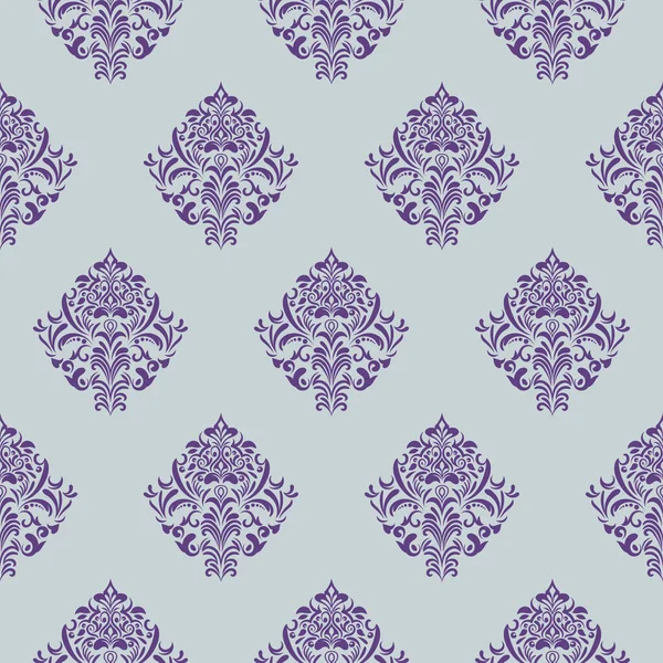 Damask floral purple motif pattern on a light grey background. Luxury wallpaper texture ornament decor. Baroque Textile, fabric, tiles.