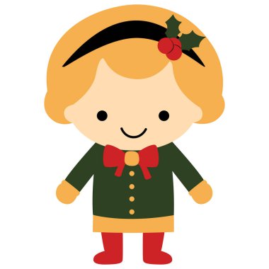 Mutlu Noeller ve yeni yıl kartı ve süslemeleri için kışın atlayan şirin, düz bir Noel karakteri..