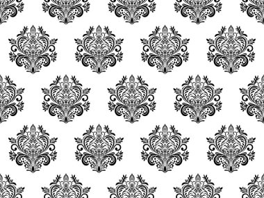 Damask dijital kâğıdı dikişsiz çiçek deseni. Beyaz arka planda siyah çiçekler. Lüks Kraliyet Duvar Kağıdı.