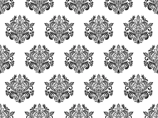 Damask dijital kâğıdı dikişsiz çiçek deseni. Beyaz arka planda siyah çiçekler. Lüks Kraliyet Duvar Kağıdı.