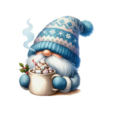 Blue Winter Gnome Wonderland Watercolor Illustration. Cute Whimsical gnome holding a steaming mug of hot cocoa, complete with marshmallows Clipart. Sublimation for t-shirt, stickers, Journal and more. clipart