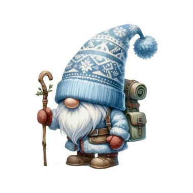 Mavi Kış Cücesi Harikalar Diyarı Suluboya Çizimi. Sırt çantalı ve bastonlu şirin bir cüce Clipart. Tişört, çıkartma, günlük ve daha fazlası için yüceltme.