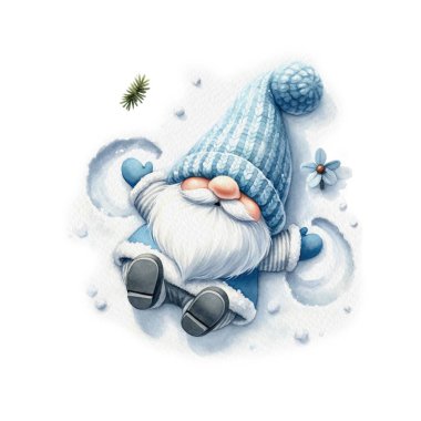 Mavi Kış Cücesi Harikalar Diyarı Suluboya Çizimi. Karda sırtüstü uzanmış sevimli, kaprisli cüce melek Clipart. Tişört, çıkartma, günlük ve daha fazlası için yüceltme.